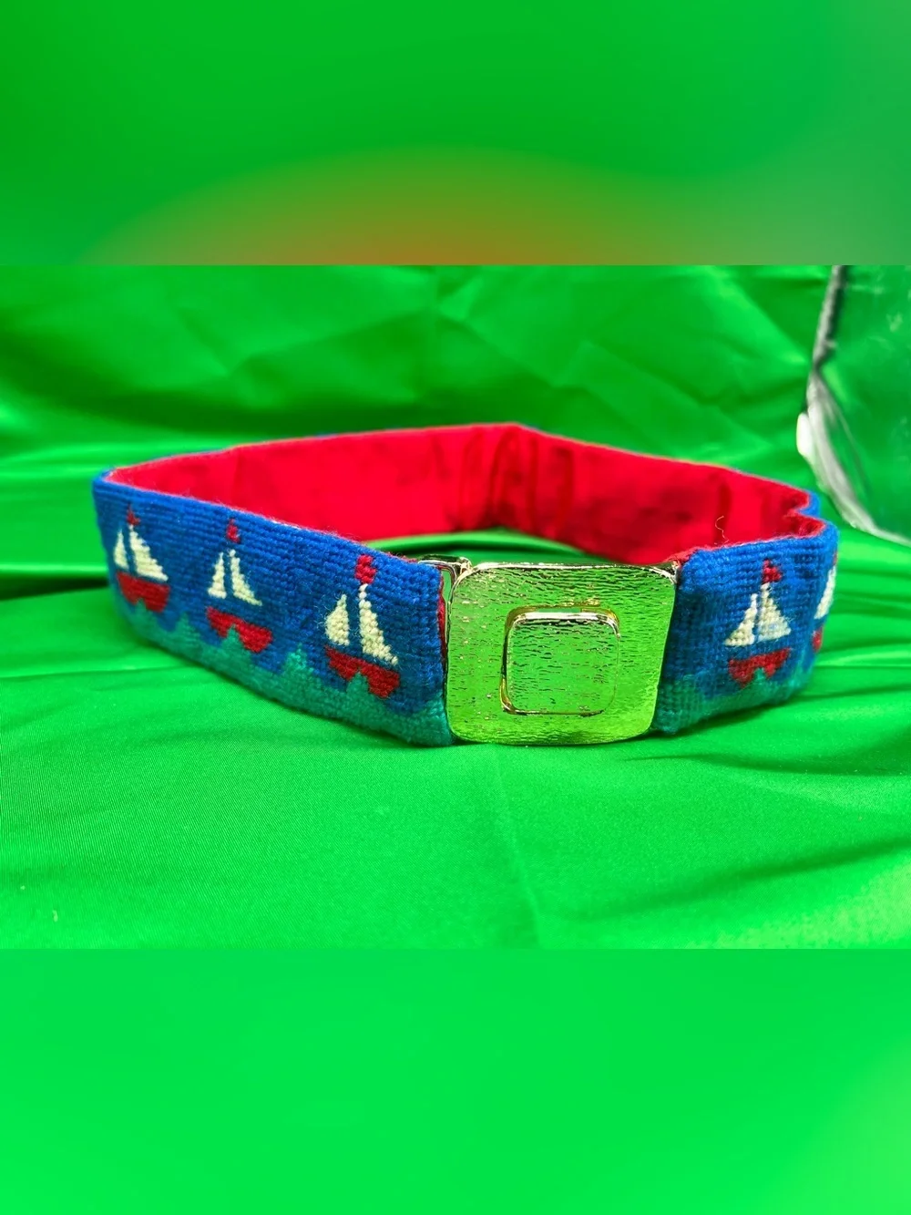 Kids Blue Sailboat Embroidered Belt with Red Lining
